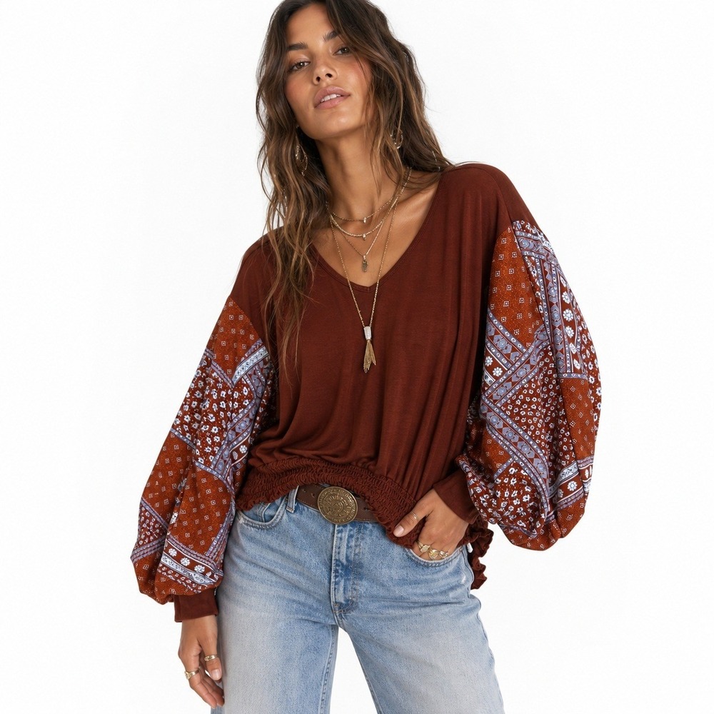 Hailey & Co Rust Brown Desert Boho Top Balloon Sleeve Smocked Cottagecore Size M